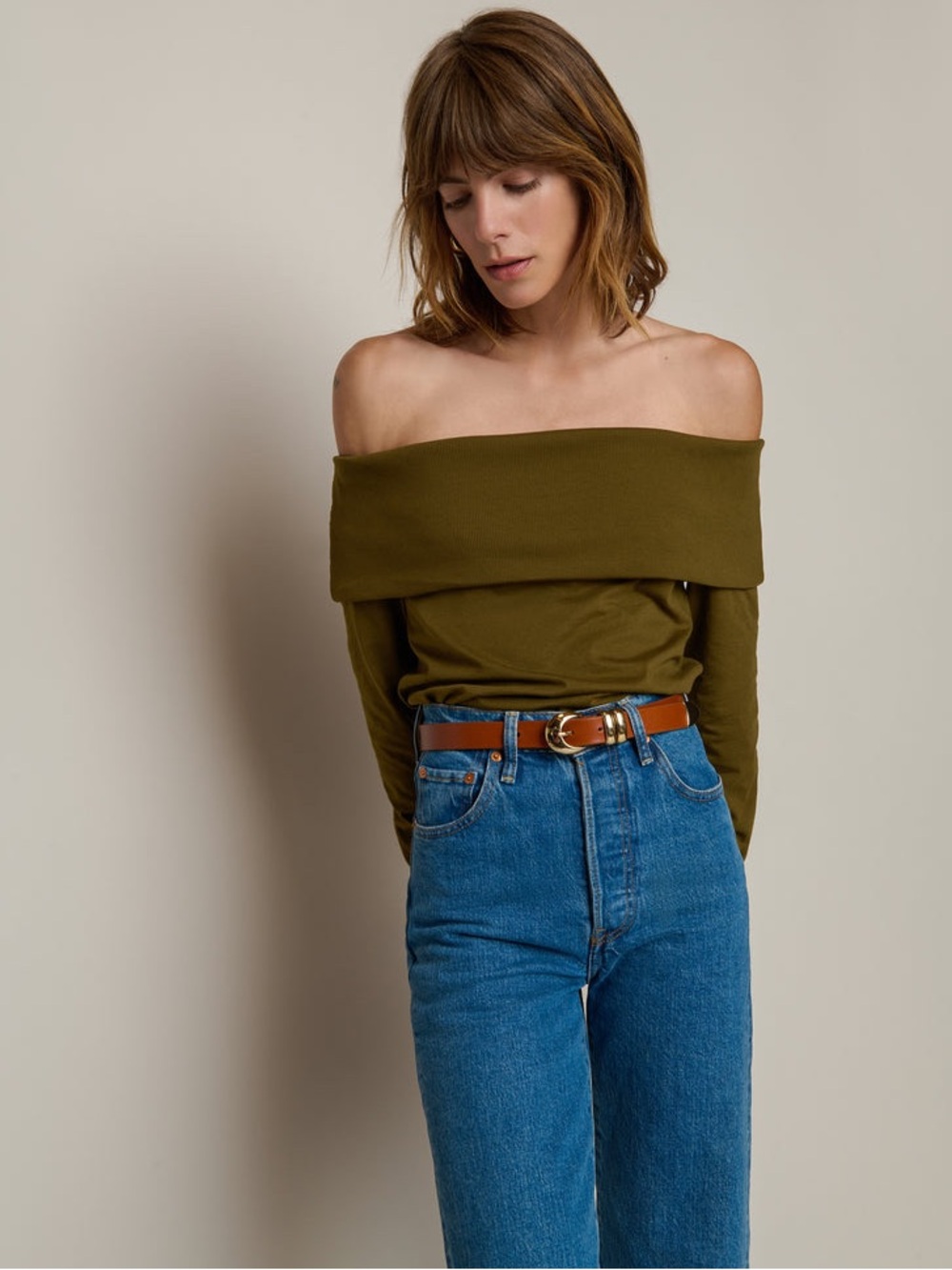 Nation Los Angeles LTD Kate Olive Off-Shoulder Ribbed Top Sz XL $135 NWT